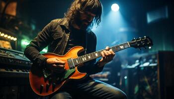 AI generated Young adult guitarist performing on stage with electric guitar and microphone generated by AI photo