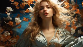 AI generated A beautiful young woman with long blond hair in autumn generated by AI photo