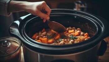 AI generated Healthy vegetarian soup cooked in a homemade kitchen with fresh ingredients generated by AI photo