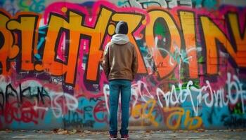 AI generated Young adults in hooded shirts spray graffiti on city walls generated by AI photo