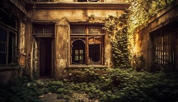 ai generado abandonado antiguo edificio, roto puerta, escalofriante, oscuro, correr abajo, rústico generado por ai foto