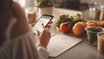 AI generated Young adults sitting at table, eating healthy, using smartphones indoors generated by AI photo