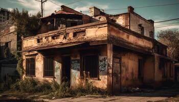 AI generated Abandoned old ruin, spooky broken building, dark run down wall generated by AI photo