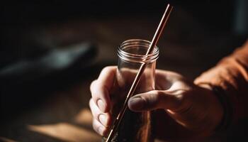 AI generated Young adult holding a drink glass in a bar generated by AI photo