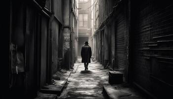 ai generado uno persona caminando en un oscuro, escalofriante ciudad calle generado por ai foto