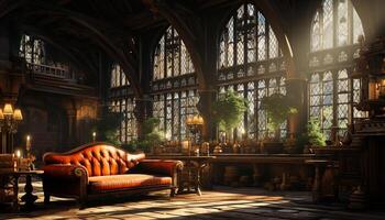 AI generated Ancient Gothic elegance illuminates modern living room with historic decor generated by AI photo