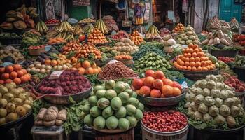 AI generated Large variety of fresh fruits and vegetables sold at market generated by AI photo