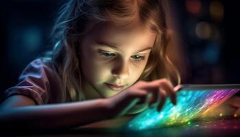 AI generated Cute girl smiling, reading, playing, learning, enjoying digital tablet generated by AI photo