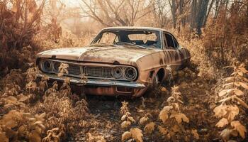 AI generated An old rusty car abandoned in a rural meadow generated by AI photo