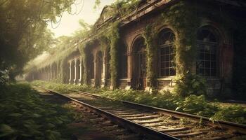 ai generado antiguo ferrocarril pista desvanecimiento dentro antiguo bosque, un desvanecimiento punto generado por ai foto