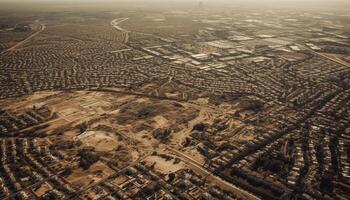 AI generated High up, flying mid air, panoramic aerial view of cityscape generated by AI photo