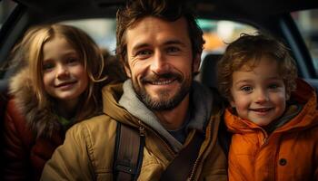 ai generado padre y hijo sonriente, unión al aire libre, creando familia felicidad generado por ai foto