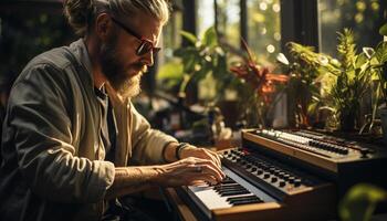 ai generado un experto músico jugando piano, enfocado y relajado generado por ai foto