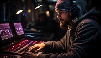 AI generated One man playing music, headphones on, enjoying the nightlife generated by AI photo