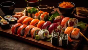 AI generated Freshness rolled up on plate maki sushi, avocado, ginger, sashimi generated by AI photo
