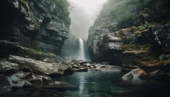 ai generado majestuoso montaña rango, fluido agua, tranquilo escena, natural belleza generado por ai foto