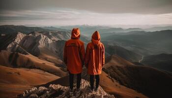 AI generated Two men hiking, standing on mountain peak, backpacks, enjoying nature generated by AI photo