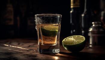 AI generated Fresh whiskey cocktail on wooden table with lime slice generated by AI photo