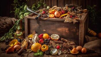 ai generado rústico otoño mesa con Fresco orgánico comida y decoración generado por ai foto