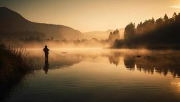 AI generated One person fishing at dawn, tranquil scene, beauty in nature generated by AI photo