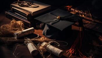AI generated Education success old fashioned book, rolled up diploma, antique certificate generated by AI photo