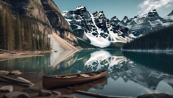 ai generado majestuoso rocoso montañas reflejar tranquilo morena lago en Alberta generado por ai foto