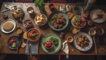 ai generado frescura en madera mesa A la parrilla carne, gastrónomo ensalada, hecho en casa guacamole generado por ai foto