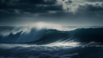 ai generado rotura olas choque en el línea costera, salpicaduras en majestuoso belleza generado por ai foto