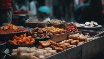 AI generated Street vendor grills fresh meat for delicious outdoor snack generated by AI photo