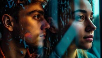 ai generado joven adultos disfrutando el lluvia, mirando mediante ventana, sonriente juntos generado por ai foto