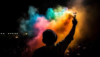 ai generado uno persona participación fuego, celebrando al aire libre en vibrante de colores noche generado por ai foto