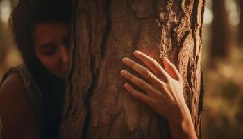 ai generado uno mujer abrazando naturaleza, sonriente, disfrutando el belleza de otoño generado por ai foto