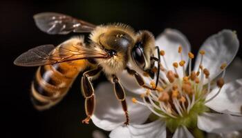 AI generated Busy honey bee collecting pollen from yellow flower generated by AI photo
