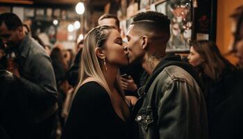 ai generado joven adultos abrazando, sonriente, disfrutando la vida nocturna, amor en el ciudad generado por ai foto