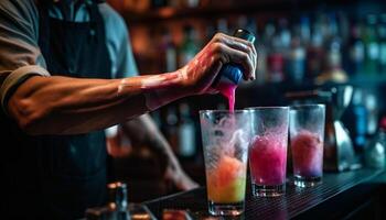 AI generated Bartender pouring cocktail, serving drink in nightclub to happy men generated by AI photo