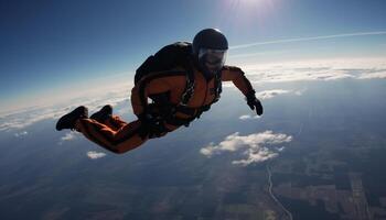 AI generated One person flying high up in the mountain landscape generated by AI photo