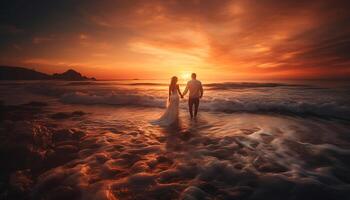 AI generated Newlywed couple enjoys romantic sunset on tropical beach generated by AI photo