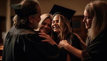 ai generado joven adultos celebrando graduación, abrazando éxito, sonriente, y disfrutando vida generado por ai foto