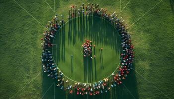 ai generado hombres jugando fútbol en un verde césped campo, multitud aplausos generado por ai foto