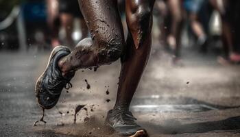 AI generated Men competing in muddy race, determined to win, splashing water generated by AI photo