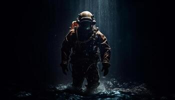 AI generated Army soldier diving underwater, equipped with rifle, protecting nature blue generated by AI photo