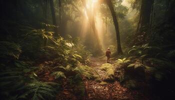 AI generated One person hiking in the forest, enjoying the outdoors generated by AI photo