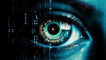 AI generated Futuristic eye watching, data surveillance, virtual reality coding, glowing patterns generated by AI photo