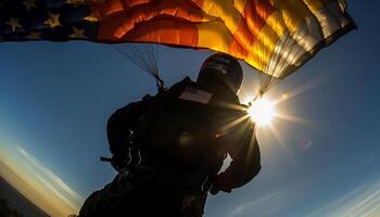 ai generado silueta de uno soldado volador, abrazando libertad en el noche generado por ai foto