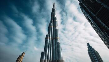 AI generated Futuristic skyscraper illuminates Dubai modern skyline, reflecting success and growth generated by AI photo