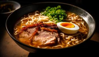 AI generated Bowl of ramen noodles, pork, and vegetables, ready to eat generated by AI photo