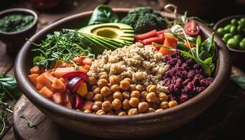 AI generated Healthy eating fresh vegetable salad with organic ingredients on wooden table generated by AI photo