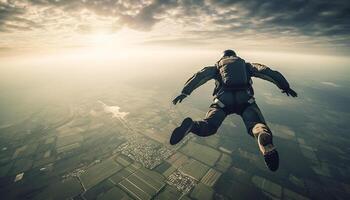 ai generado uno persona volador alto en el cielo, disfrutando el libertad generado por ai foto