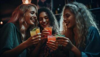 AI generated Young adults enjoying nightlife, smiling and drinking in a bar generated by AI photo