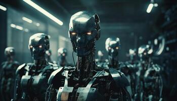 ai generado futurista militar cyborgs armado con avanzado tecnología patrulla a noche generado por ai foto
